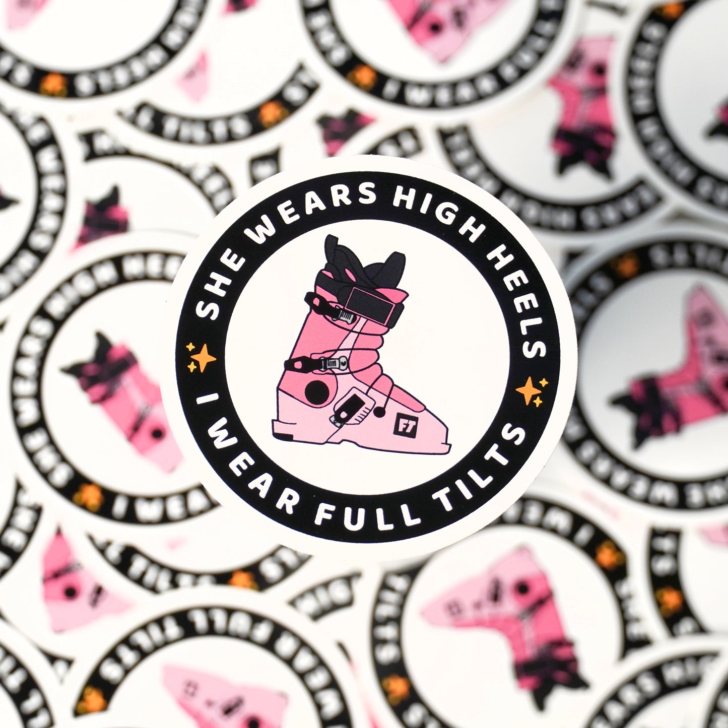 "She Wears High Heels I Wear Full Tilts" Waterproof Sticker